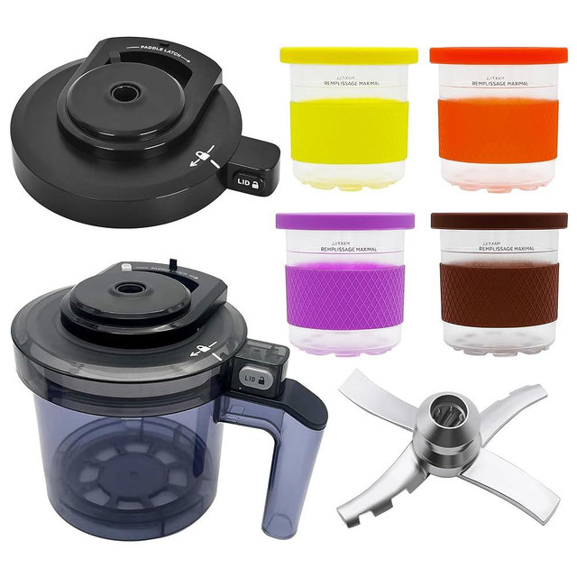 Replacement Outer Bowl with Outer Lid,4 Creami Pints and Lids, Paddle blade,Compatible with Ninja Creami Ice Cream Maker: NC301, NC300, NC299AMZ Series(NC300 Out Bowl with lid+4Pints)