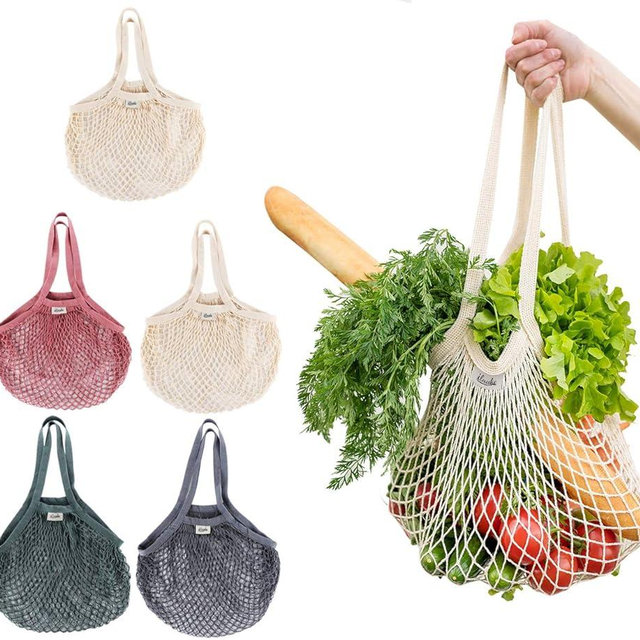 Lemonfilter Mesh Grocery Bags, 5 Pack Reusable Washable Cotton String Shopping Bag, Cotton Mesh Produce Bag with Long Handle Net Tote Bag for Fruit Vegetables Farmers Market Shopping (4 Color)
