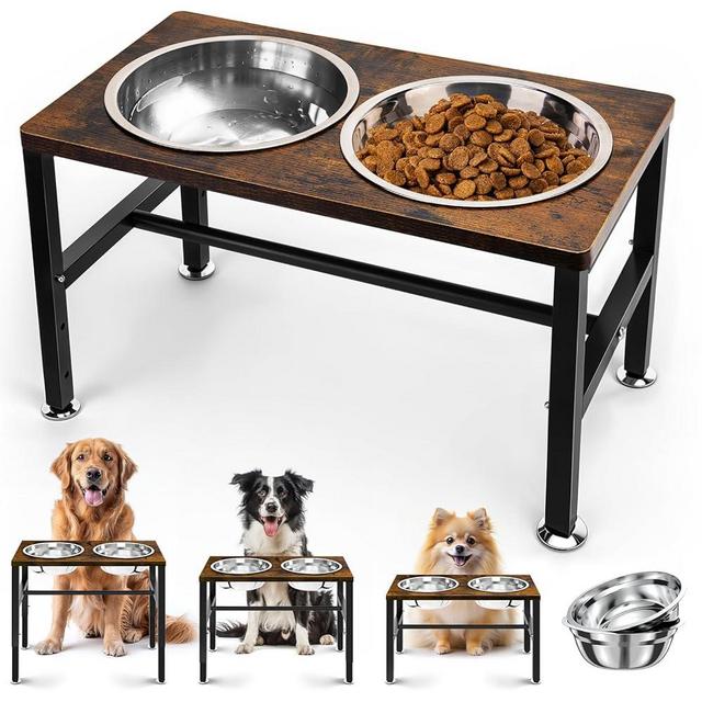 NomNest Elevated Dog Bowls, 3 Height Adjustable Raised Dog Water Food Bowl Wooden Metal Stand, 42OZ-Stainless Steel Bowls for Large Medium Small Dogs