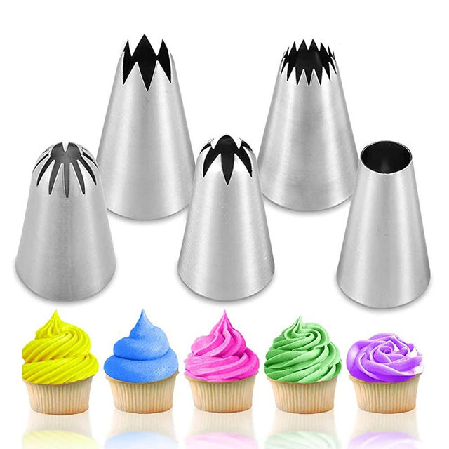Suuker 5 pcs/set Large Piping Set,Stainless Steel Decoration Set Nozzles Tip,Pastry Cake Decorating Baking Tools For Cupcakes Cakes Cookies Decorating(Silver)