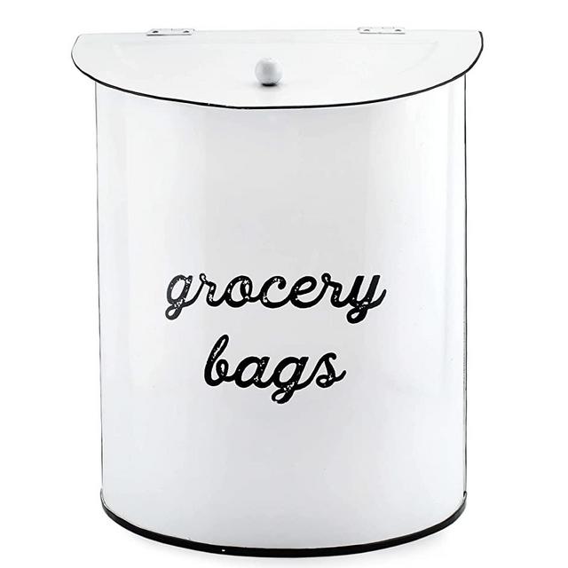 AuldHome Rustic Grocery Bag Holder; Wall-Mounted Vintage Enamelware Farmhouse Style Plastic Bag Dispenser for Kitchen or Laundry Room
