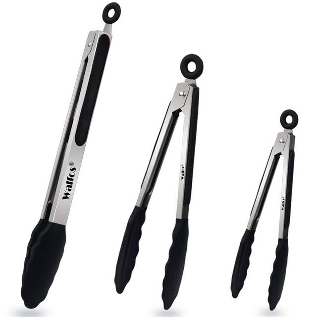 Walfos Kitchen Tongs - Heat Resistant Cooking Tongs Set of 3, Stainless Steel and BPA Free Silicone Tips, Great for Cooking, Grilling, Turning, 7" 9" and 12" (3 black silicone tongs)