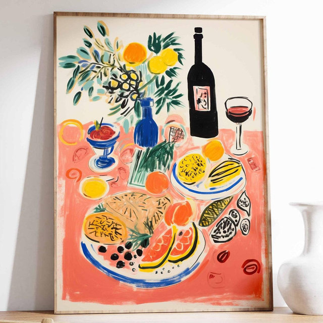 Dinner Table Food Print, Retro Food Art, Vintage Kitchen Poster, Kitchen Decor, Food Illustration Art, Food Poster, Gift for Chef