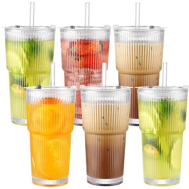 CWHHRN 20 oz Glass Cups with Lid and Straw 2 Set, Glass Tumbler with Straw and Lid, Vintage Glassware for Whiskey Cocktail Beer, Iced Coffee Cups with Lid (6 PACK)