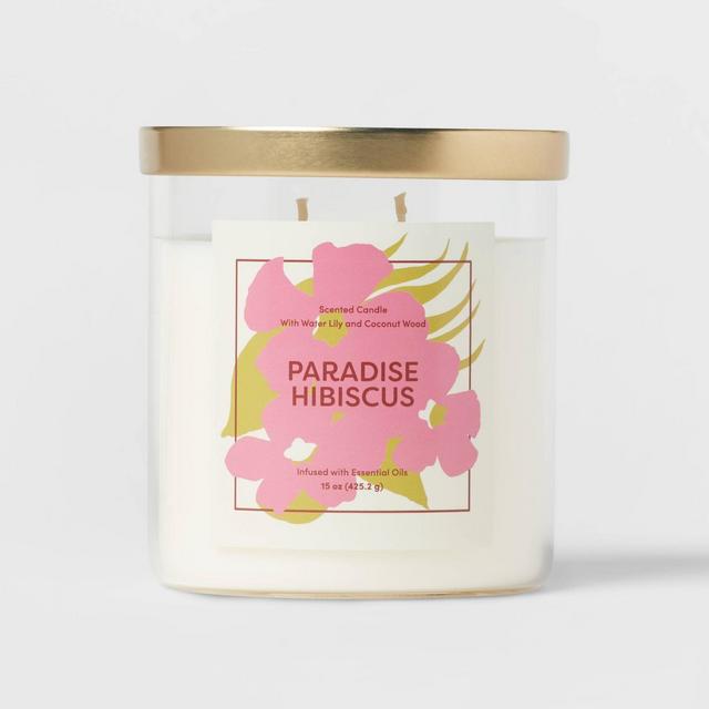 15oz Glass Jar Graphic Label Paradise Hibiscus Candle Pink - Opalhouse™