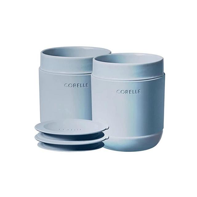 Corelle Stoneware 13.5oz Tumblers with Silicone Lids, Nordic Blue, Solid Glaze, 4-piece Set