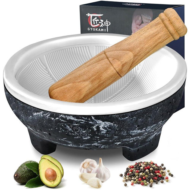 SYOKAMI No Rock Powder 2 Cup Mortar and Pestle Set, 6.5 Inch World's 1st Lightweight Molcajete Mexicano with Grinding Ridge, High Efficiency for Guacamole, Spice and Herb, Easy to Clean & Anti-Scratch