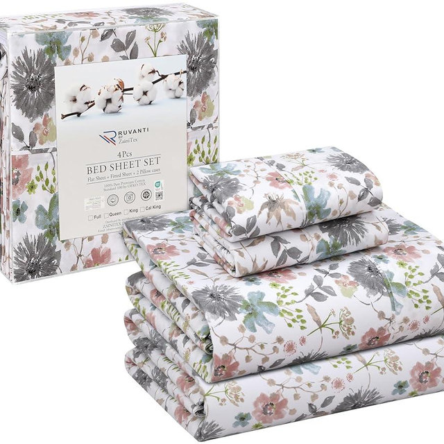 RUVANTI 100% Cotton Sheets Queen Size Set, 4 Pieces, Soft & Breathable Percale Weave Bedding, Deep Pocket 16", Hotel Standard, Crisp Cool Feeling, Durable, Perfect Floral Bed Sheet, Dandelion Field