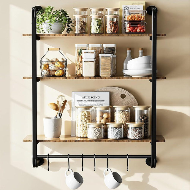 Kssiaz 3 Tier Industrial Pipe Shelving, 24" Kitchen Shelves Wall Mounted with 6 Hooks, Coffee Bar Shelves Display Bookshelf Wall Shelf for Bedroom, Bathroom, Home Décor, Rustic Brown