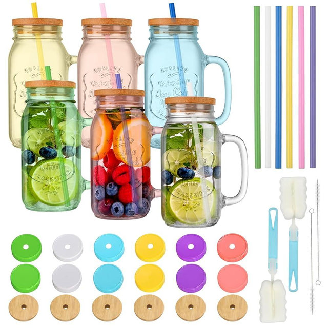 XLSXEXCL 6 Pack Mason Jars with Handle, 24 OZ Colorful Drinking Glasses with Lids and Straws, Mugs with Embossed Ice-Cold Drinkware Logo for Iced Coffee Smoothie Overnight Oats Containers