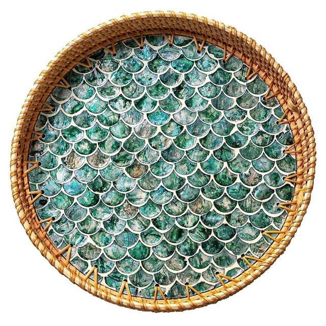 JUNGLE CULTURE Rattan Serving Tray 12" with Mother of Pearl Inlay • Coastal Boho Collection • Handcrafted Woven with Handles for Home • Round Dining Table Tray • Wicker Serving Basket – Cascade
