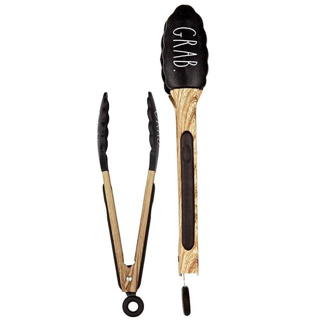 Rae Dunn Everyday Collection Stainless Steel, Beechwood, Silicone Tipped Kitchen Food BBQ and Cooking Tongs Set of Two, Non Stick Cookware, BPA Fee, Grill Tongs- by Cook with Color (Black)