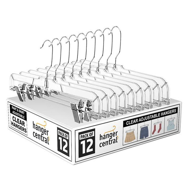 Hanger Central Premium 14 Inch Clear Pants Hangers with Adjustable Clips - 12 Pack Space-Saving Skirt Hangers - Non-Slip Heavy Duty Plastic Closet Organizers with 360° Swivel Hook