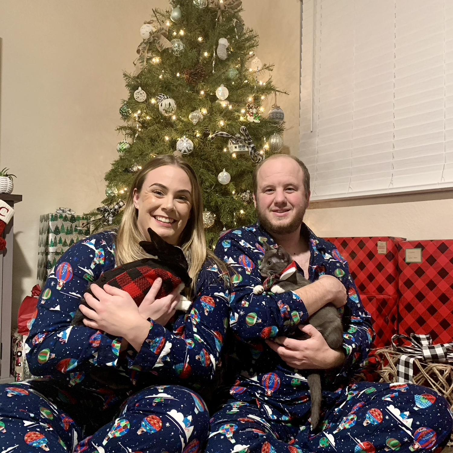 Our first Christmas together and in our house with our new kitten and Skeeter the bunny...matching PJs were a must