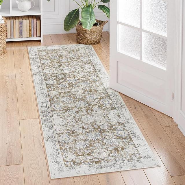 Lahome Vintage Floral Hallway Rug, 2x5 Washable Rug Runner Low Pile Non Slip Kitchen Runner,Soft Ultra-Thin Bathroom Carpet Runner for Bedroom Laundry Room Entryway (2x5ft,Beige)
