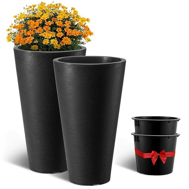 VEVOR Set of 2 Tall Planter for Outdoor Indoor Plants 24inch, Black Round Large Planters for Front Porch, Patio, Tall Taper Flower Tree Plant Pots with Modern Design and Built-in Drainage