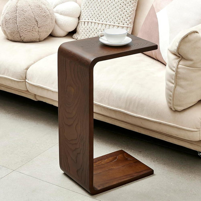 YLACMALS Simple C Shaped End Table Couch Side Table, Item Placement Computer Office Side Table, Solid Wood Frame for Living Room Bedroom Side Tables, Walnut Color