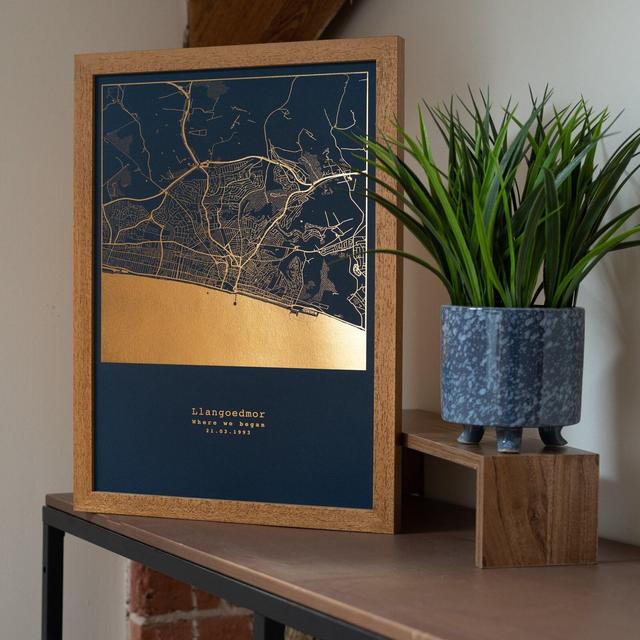 Custom Map Print, Personalised Metallic Foil Map, Landscape Foiled Street Art, Any Location Framed Personalised Gift
