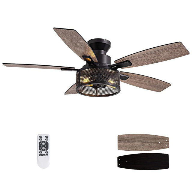 Flush Mount Ceiling Fans with Lights and Remote Control, Low Profile Farmhouse Ceiling Fan with LED Lighting for Bedroom Living Room and Patio, Black Caged Ceiling Fan for Indoor and Outdoor