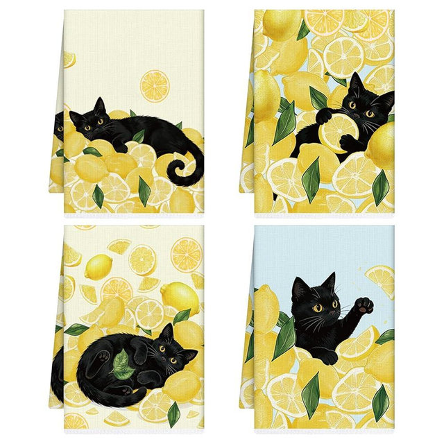 VISSTREE Lemon Kitchen Towels Set of 4, Yellow Lemon Black Cat Dish Towel Decor, Microfiber Summer Fruit Hand Towel for Holiday Home Tea Cooking Cleaning Decoration Housewarming Gifts 16x24 Inch