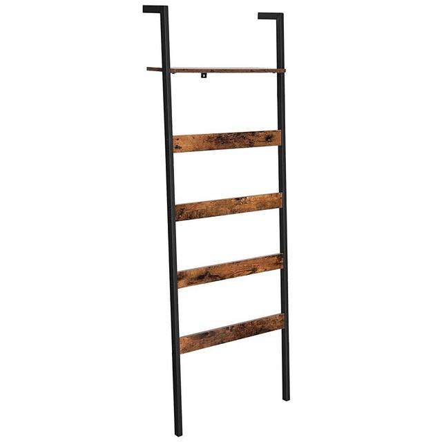 VASAGLE ALINRU Blanket Ladder Shelf, Wall-Leaning Towel Rack with Storage Shelf, Steel Frame, for Blankets, Towels, Scarves, Industrial Style, Rustic Brown and Black ULLS012B01
