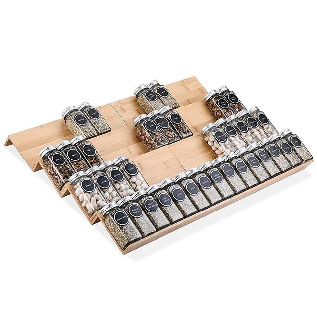 Mulush Bamboo Spice Rack Tray - 64 Jars Spice Drawer Organizer for Kitchen Cabinets Storage and Organization, Adjustable