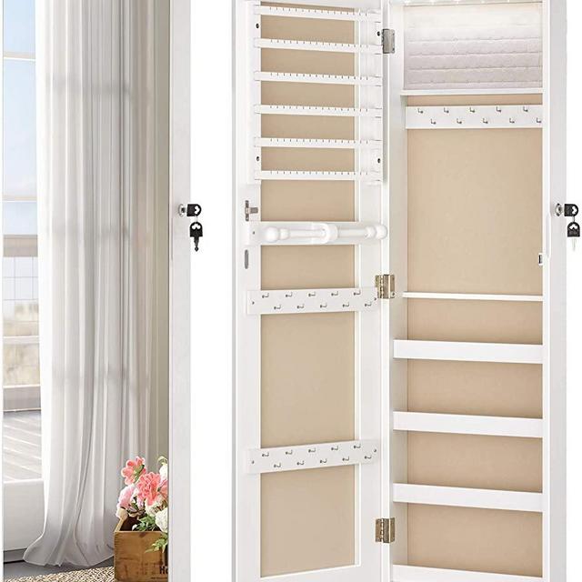 LUXFURNI Mirror Jewelry Cabinet 6 LED Lights Wall-Mount/Door-Hanging Armoire, Full screen mirror Large Storage Organizer Lockable