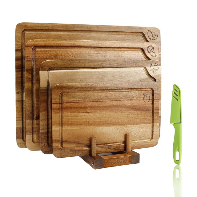 Wood Cutting Board Set of 4, Wooden Chopping Boards with Food Icons for Kitchen, Charcuterie Board for Meat, Vegetables, Fruits, Cheese