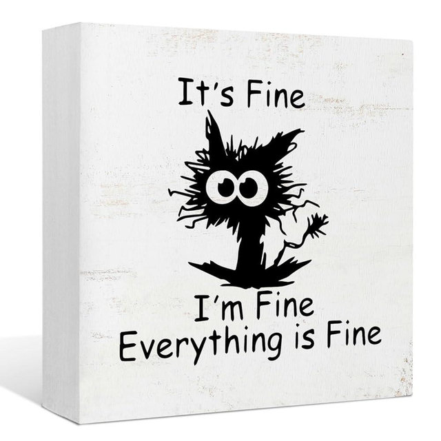 Funny Office Desk Decor, Black Cat It's Fine I'm Fine Everything is Fine Wood Box Sign Desk Decor, Home Office Wall Tabletop Shelf Decor 5x5 Inch, Coworker Gift