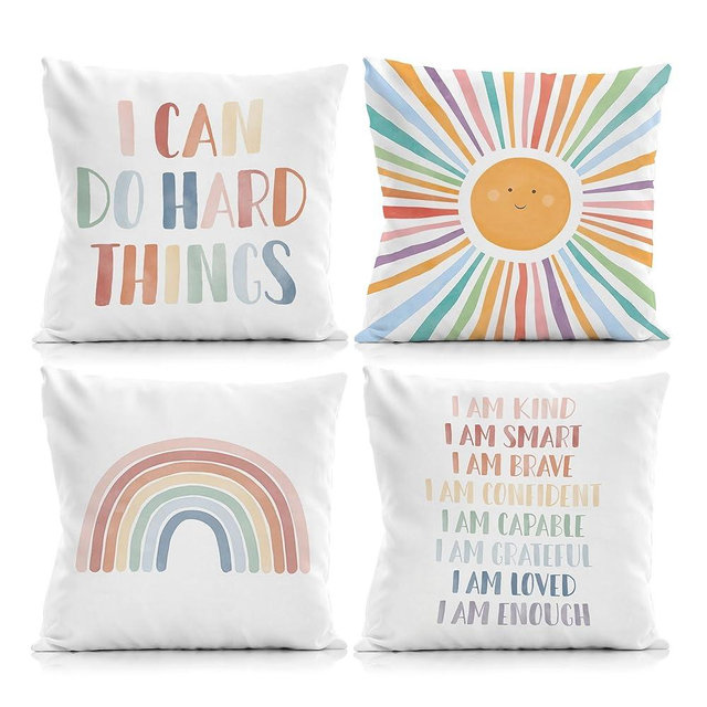 Qvapt Positive Affirmations Pillow Covers,Classroom Pillow Covers 18x18 Set of 4,Positive Sayings Decorative Pillow Covers,Boho Classroom Pillowcases for Kids Reading Corner