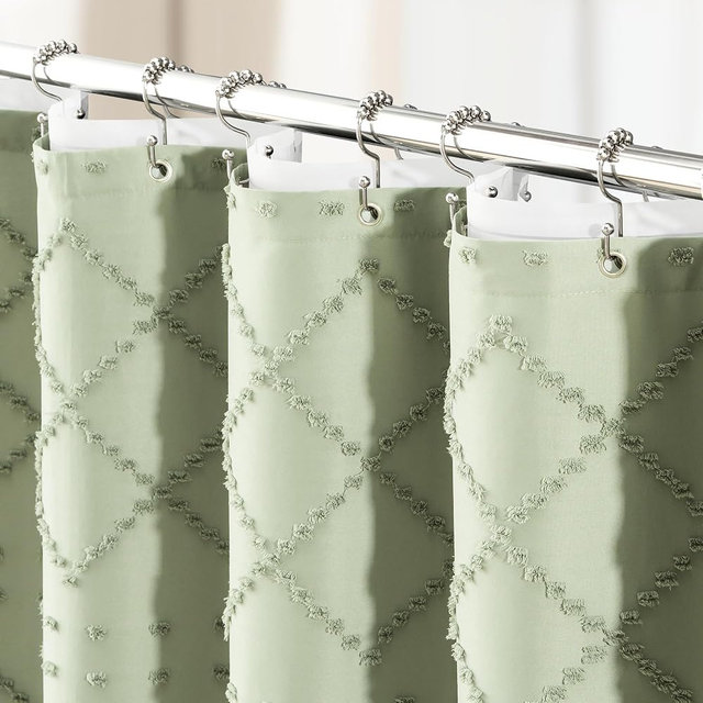 Dynamene Sage Green Boho Shower Curtain and Liner Set, Farmhouse Fabric Shower Curtain and Waterproof Clear Liner, Tufted Geometric Striped Tassel Shower Curtains for Bathroom, 12 Hooks, 72x72