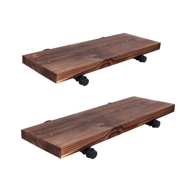 Y&Me Wall Mounted Floating Shelves with Industrial Pipe Brackets, Set of 2 Solid Pine Wood Pipe Shelf,Dark Walnut Color, 23.6 Inch and 19.7 Inch Length x 7.5 Inch Wider