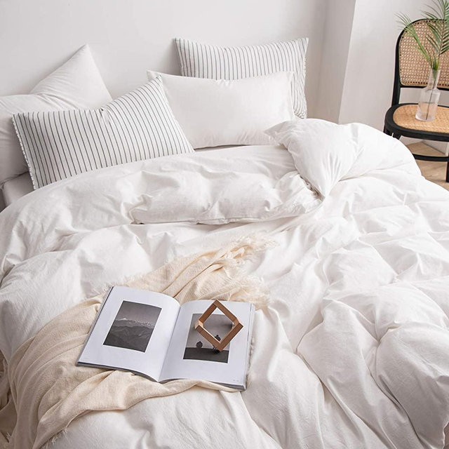 JIYUAN 100% Washed Cotton Duvet Cover Comfy Simple Style Solid Color Soft Breathable Textured Durable Linen Feel Bedding Sets for All Seasons Queen Size, Off White