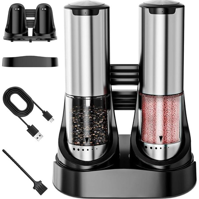 BZPP Electric Salt and Pepper Grinder Set - 6 Adjustable Coarseness, One-Handed Operation Design - Automatic Salt and Pepper Shakers with Rechargeable Base, Larger Capacity - for Kitchen, BBQ, Gift