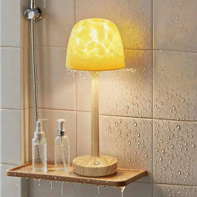 Funlenry Spa-Like Shower Lamp - Waterproof Bathroom Lamp with 16 Color Ocean Wave Projector, Cordless Light for Inside Shower/Bathtub Bedroom Living Room Kitchen Decor (Wood Grain)