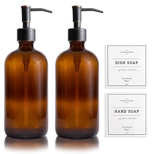 Vine Creations Amber Glass Soap Dispenser 2 Pack, 16oz Bottles Rustproof Stainless Steel Pump, Modern Farmhouse Vintage Jar, Bathroom Kitchen Accessories, Dish and Hand Soap Labels (Oil Rubbed Bronze)