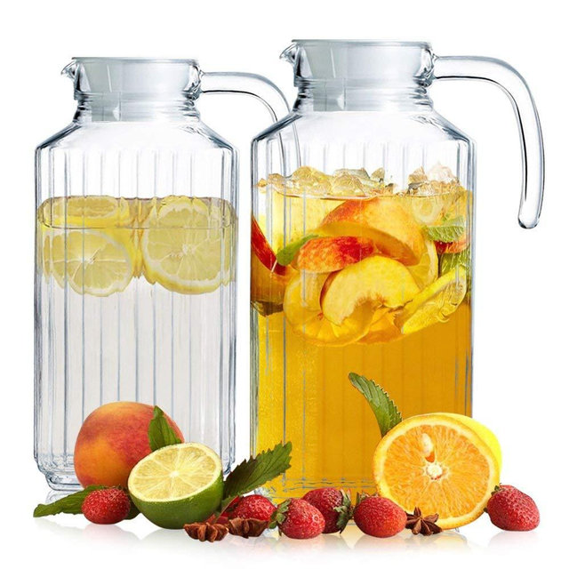 Glass Ware Ribbed Pitcher With Lid And Handle - 2 PACK 60oz Each.- Sleek And Elegant, For Milk, Iced Tea, Juices, Water etc. 1.8 L. (Lid is White) 2pk