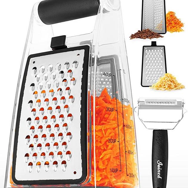 Joined Box Cheese Grater with Container, Measurements, and Removable Blades - Graters for Kitchen and Zester with Container - Box Grater and Vegetable Peeler