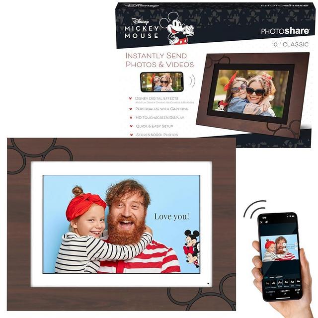 Disney Classic Mickey Mouse Photoshare 10” WiFi Digital Photo Frame | Send Photo or Video from Phone to Digital Picture Frame with Free PhotoShare Frame v2 app | End-to-End Encryption | Espresso Wood