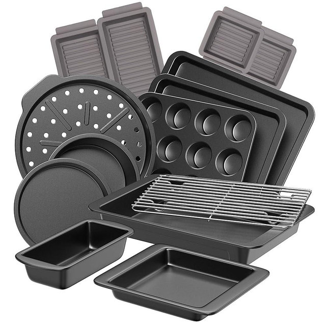 HONGBAKE Bakeware Sets, Baking Pans Set with Reusable Silicone Sheet Trays Dividers, Nonstick Oven Pan with Wider Grips, 14-Piece Including Rack, Cookie Sheet, Cake, Loaf, Muffin, Pizza Pan