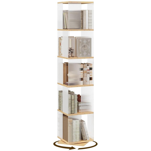 YATINEY 5-Tier Rotating Bookshelf, 360 Spinning Bookcase Tower, Corner Bookshelf with Clear Acrylic Sides, Tall Narrow Space-Saving Bookcase for Bedroom, Living Room, Office, Square, Natural SJ13WN