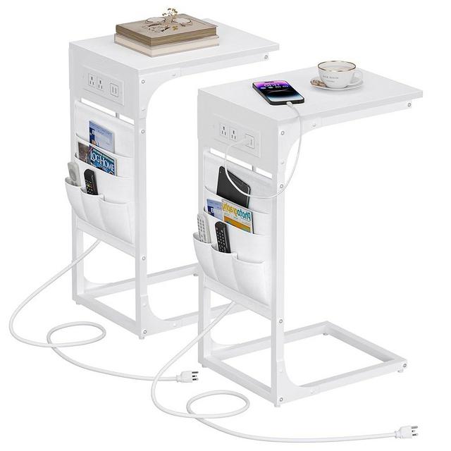 TUTOTAK C Shaped End Table with Charging Station, Side Table for Sofa, Couch Table with Storage Bag, Set of 2, TV Tray Table with 2 USB Ports and Outlets for Living Room, Bedroom, White TB01BW0242