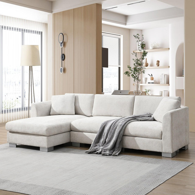 96"W 4-Seater Modern Cloud Sofa L-shaped Couch with 2 Pillows and Oversized Chaise, Minsk Gray-ModernLuxe