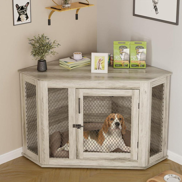 PUKAMI 44inch Corner Dog Crate Furniture,Wooden Dog Kennel Furniture with Mesh,Decorative Wood Dog House for Indoor use,for Small/Medium/Large Dog,Perfect for Limited Room
