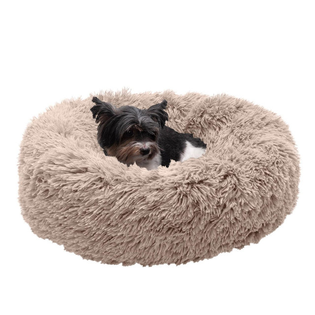 FurHaven Calming Cuddler Long Fur Donut Dog Bed - Small, Taupe