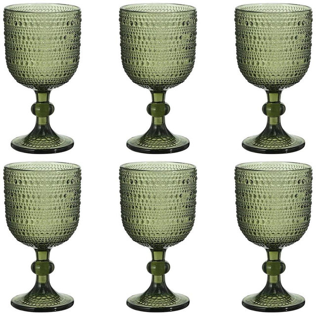 Taganov Glasses Drinking Wine Water Goblets Green Glassware set of 6 Vintage Stem Glasses Stemware 12 Ounces for Wedding Party Bar Twill Pattern Striped 350 ml