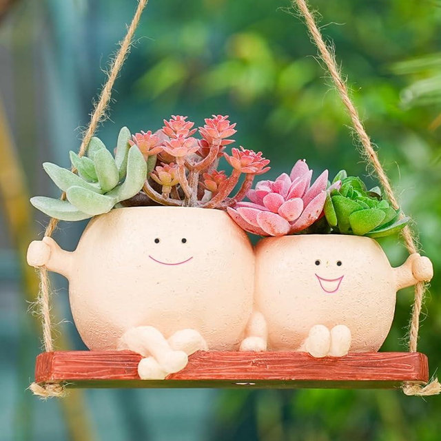 RZOIKZOI Cute Couple Swing Planter with Smiley Face,Couple Planter,Hanging Swing face Pot,Hanging Plant Pot for Indoor Outdoor Plants, (Khaki)