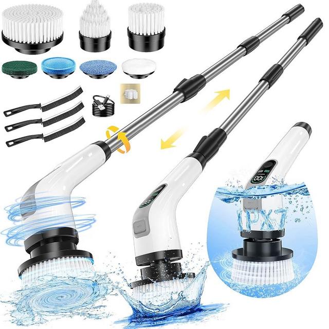Electric Spin Scrubber, IPX7 Waterproof Power Shower Scrubber with Extension Handle, 7 Replaceable Brush Heads & 3 Hard Bristle Crevice Cleaning Brushes Cleaning Supplies for Bathroom Tub Tile Floor