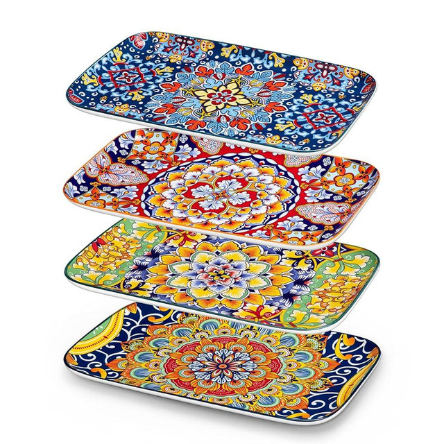 vancasso Serving Platters Set of 4, 12" x 7.4" Inch Rectangular Trays - Large Serving Dishes for Entertaining Food, Bohemian Ceramic Serving Trays for Party, Microwave & Dishwasher Safe, Vintage