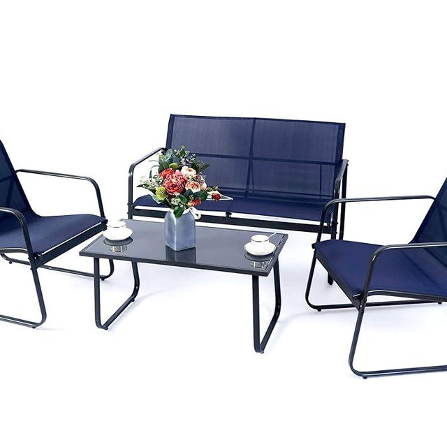 Kozyard Sofia 4-Piece Patio Outdoor Furniture Set with Strong Powder Coated Metal Frame One Love Seat, Two Single Chairs and one Table for Porch, Balcony, Backyad, Patio Conversation Set (Navy Blue)